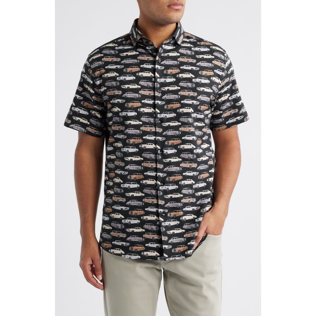 Stone Rose Ridin' Dirty Vintage Car Print Short Sleeve Stretch Cotton Blend Button-up Shirt