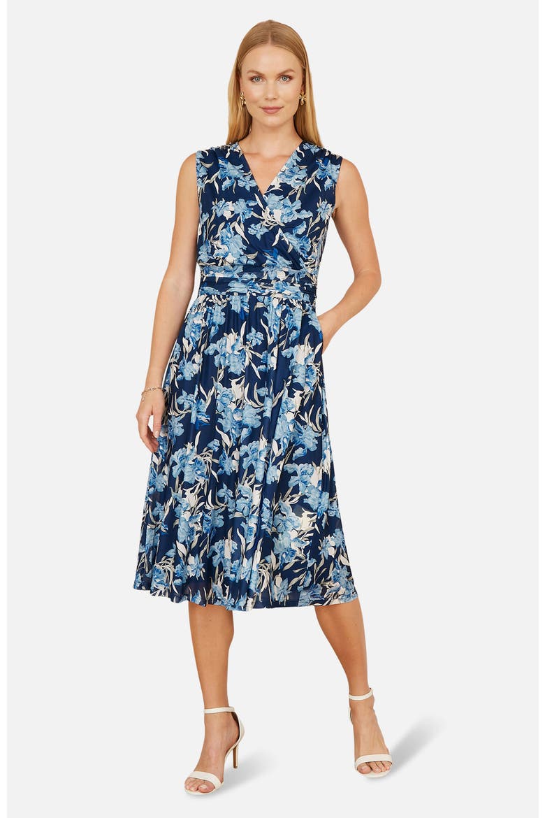 Floral Wrap V Neck Midi Skater Dress, Main, color, Blue