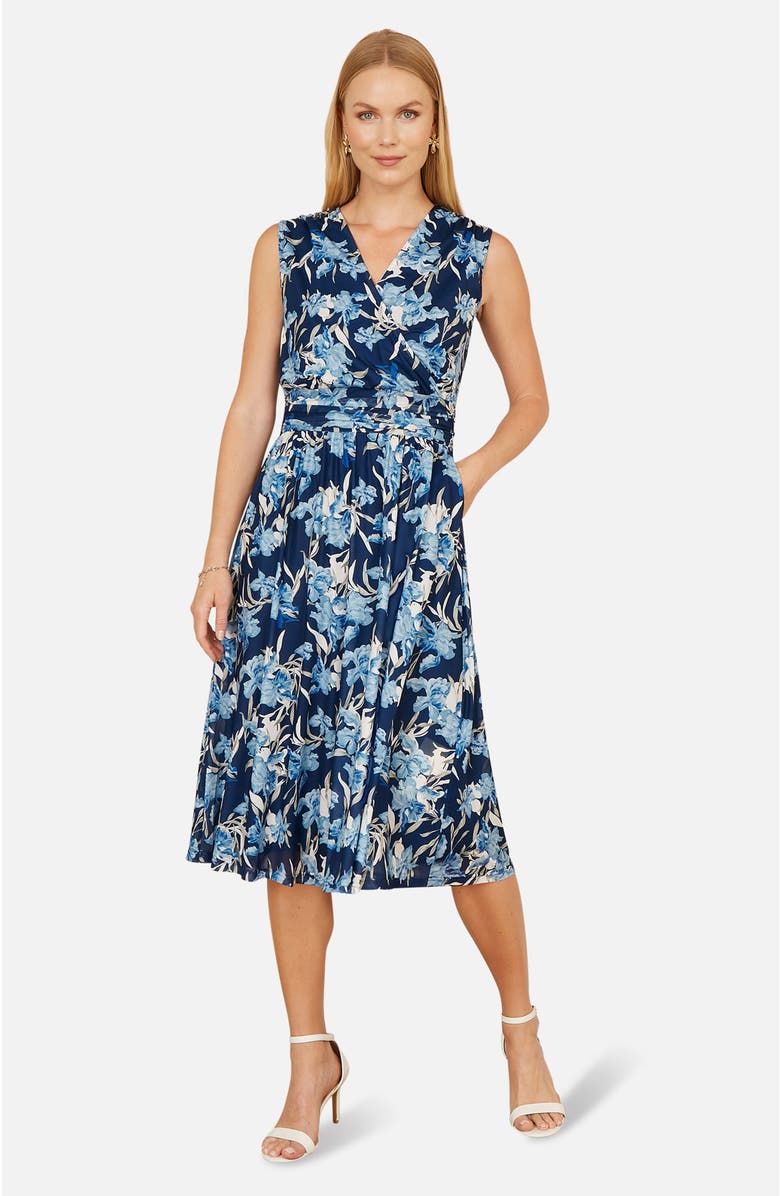 Yumi Floral Wrap V Neck Midi Skater Dress, Main, color, Blue