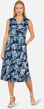 Yumi Floral Wrap V Neck Midi Skater Dress