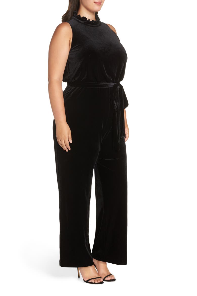 Ruffle Neck Velvet Jumpsuit, Alternate, color, BLACK