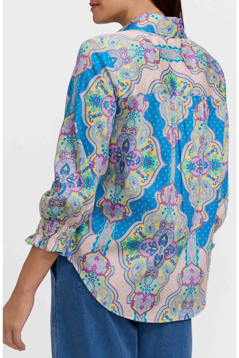 Olivia Paisley Smocked Cuff Linen Blend Button-Up Shirt, Alternate, color, PURPLE/ MULTI