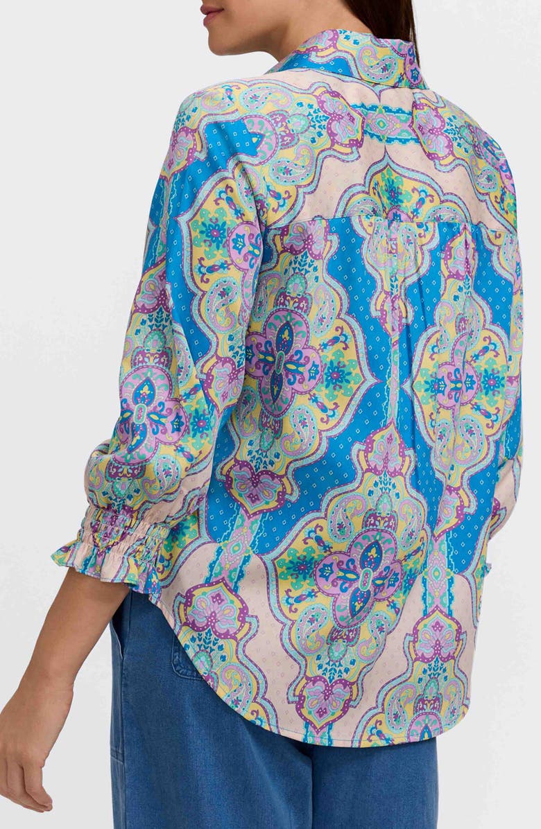 Foxcroft Olivia Paisley Smocked Cuff Linen Blend Button-Up Shirt, Alternate, color, Purple/ Multi