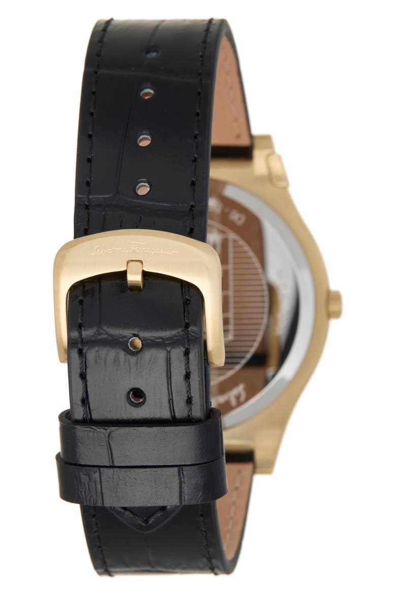 Gancini Leather Strap Watch, 44mm, Alternate, color, BLACK/ GOLD