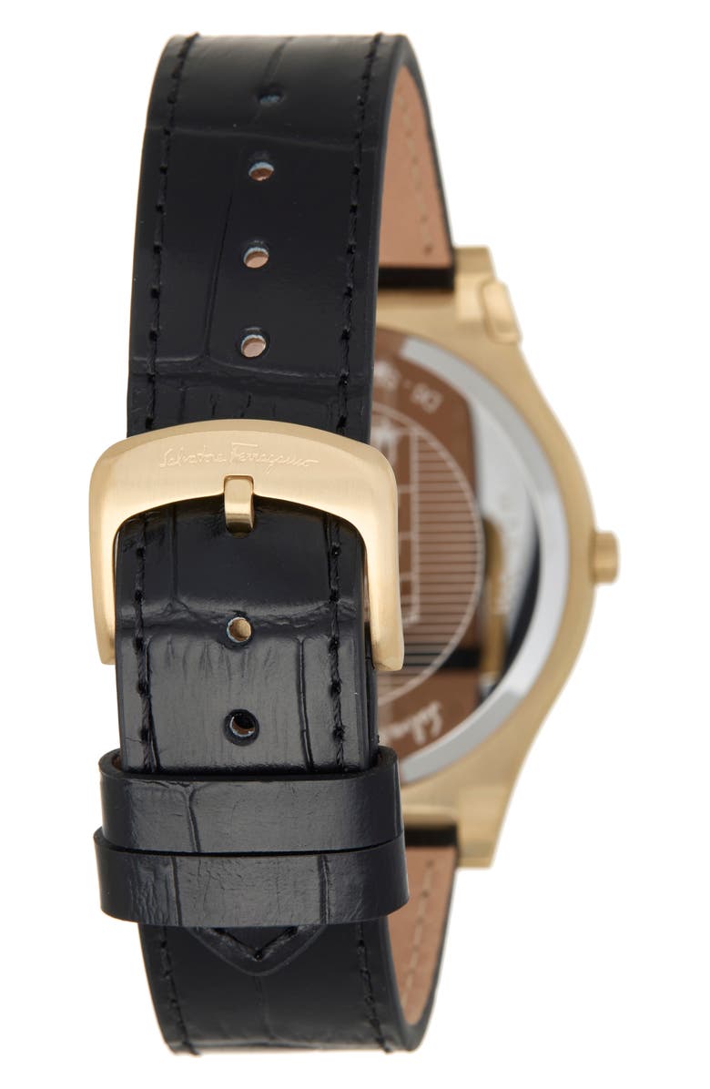 FERRAGAMO Gancini Leather Strap Watch, 44mm, Alternate, color, Black/ Gold