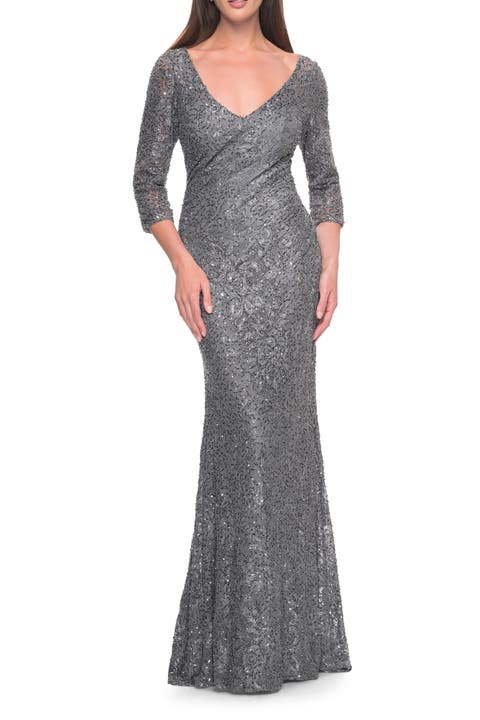 Fitted Beaded Lace Evening Gown with Ruching