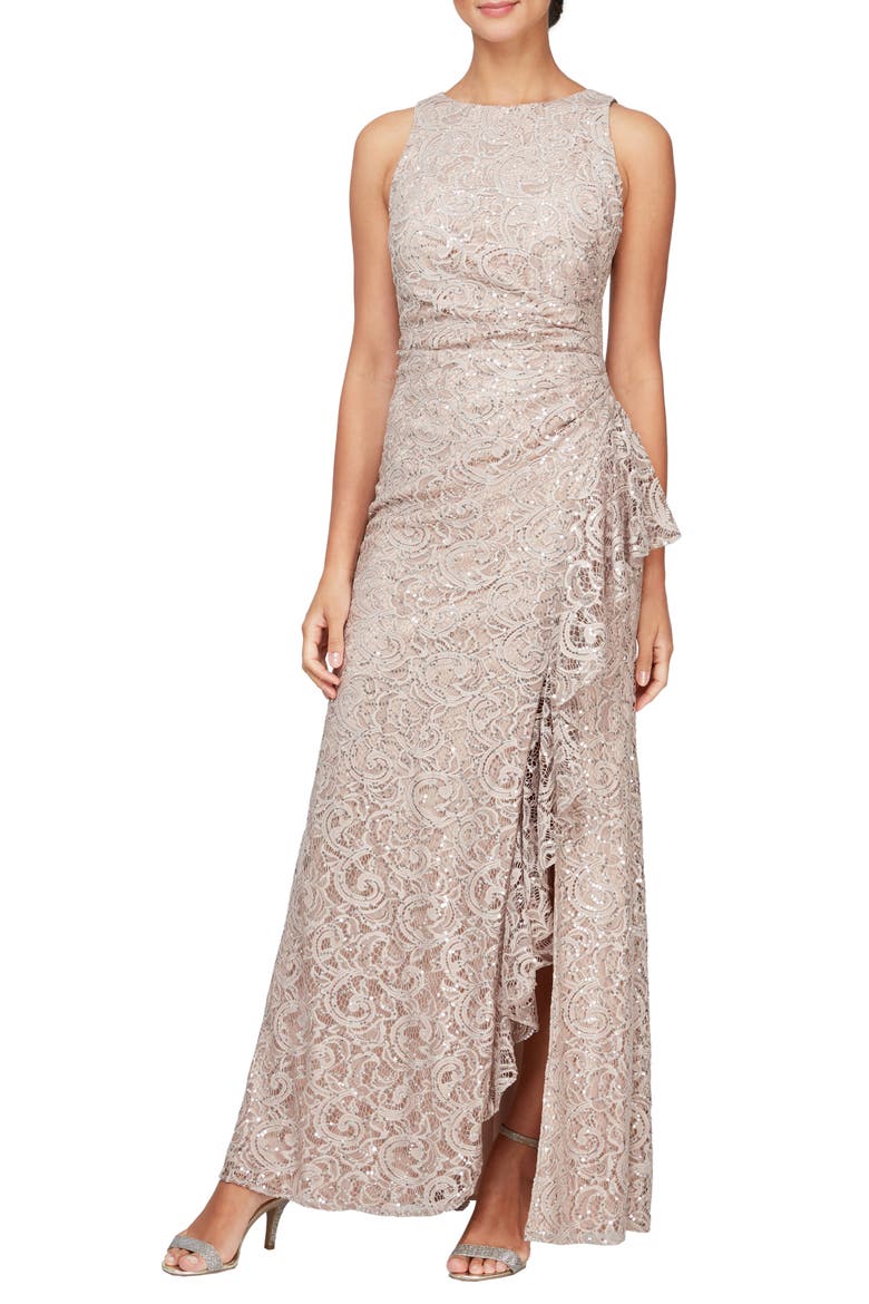 Ruffle Sequin Lace Gown, Alternate, color, BUFF