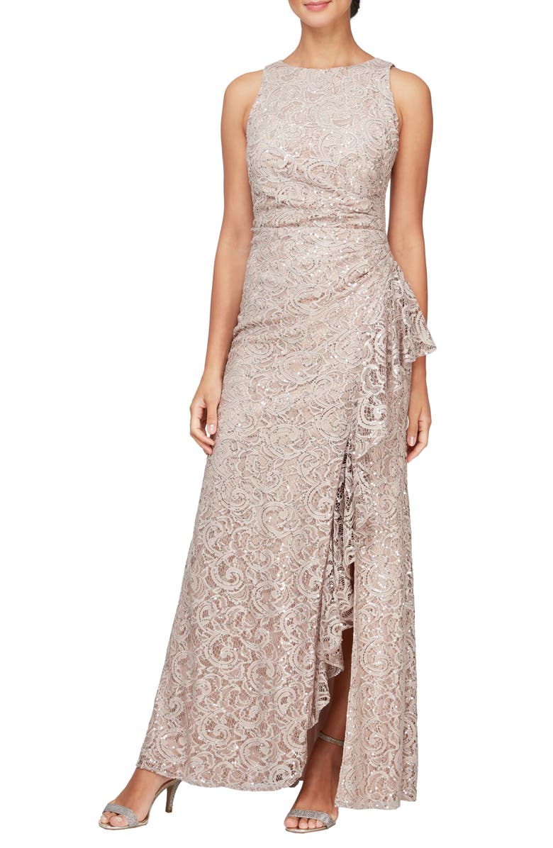 Alex Evenings Ruffle Sequin Lace Gown, Alternate, color, Buff