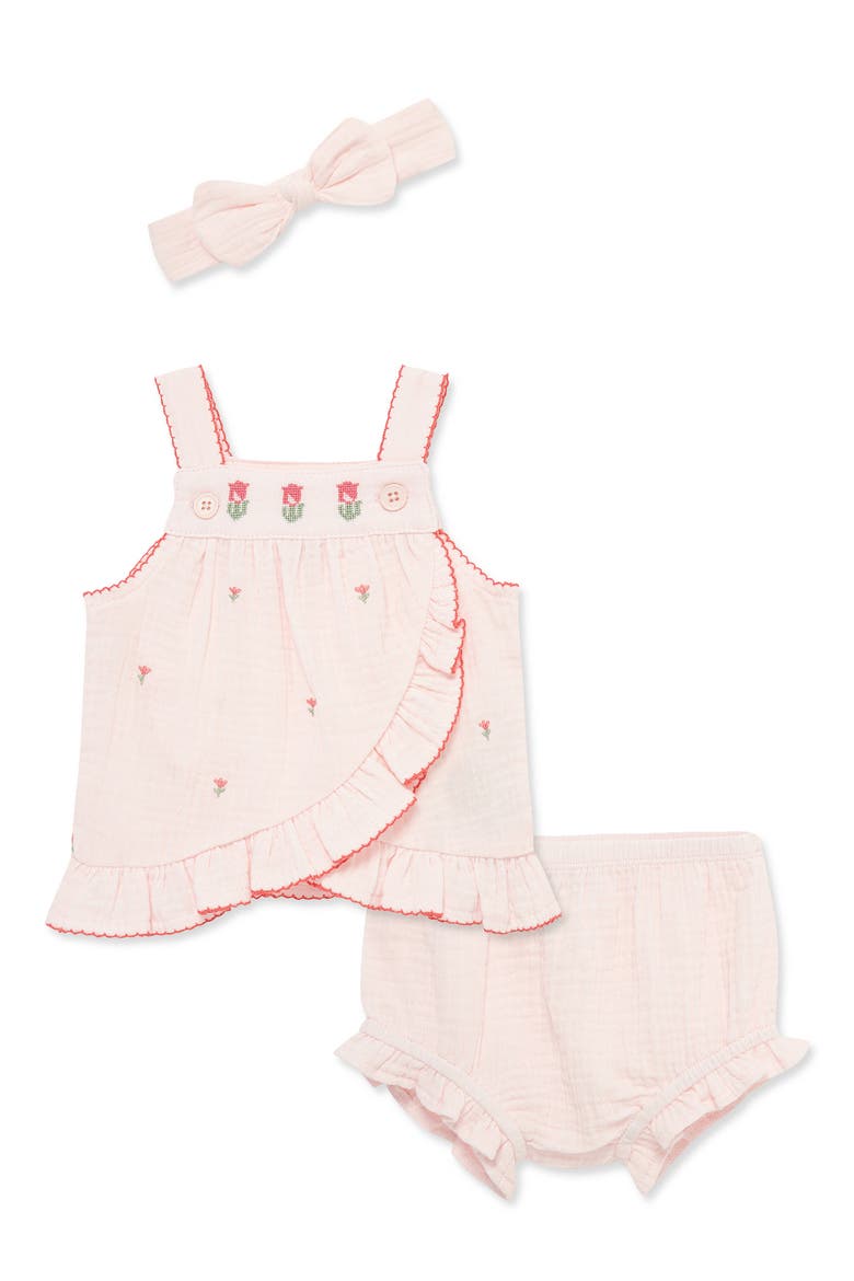 Tulip Embroidery Shirt, Shorts & Headband Set, Main, color, PINK