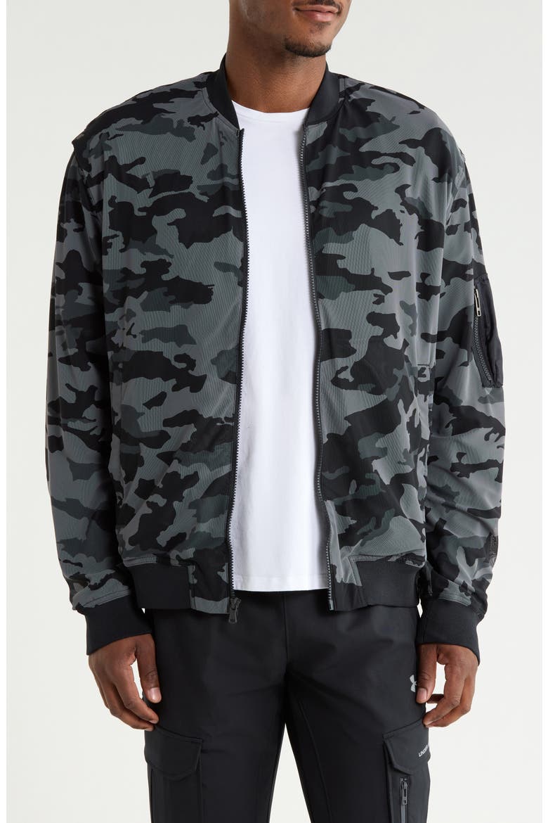 Camo Print Mesh Bomber Jacket, Main, color, 001 BLACK