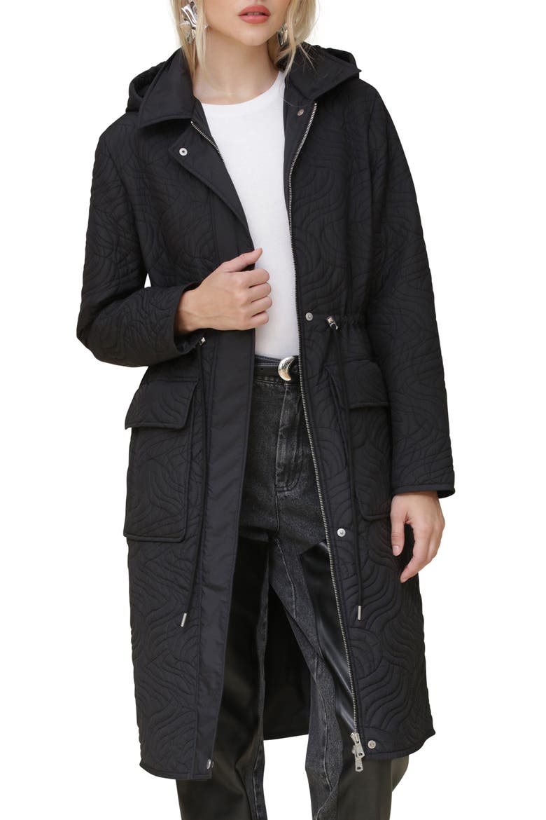 Quilted Hooded Longline Coat, Alternate, color, BLACK