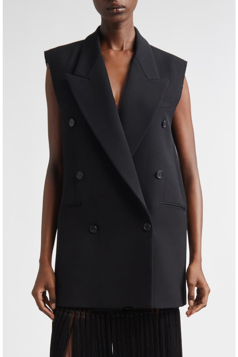 Frayed Double Breasted Wool Gabardine Vest, Main, color, BLACK