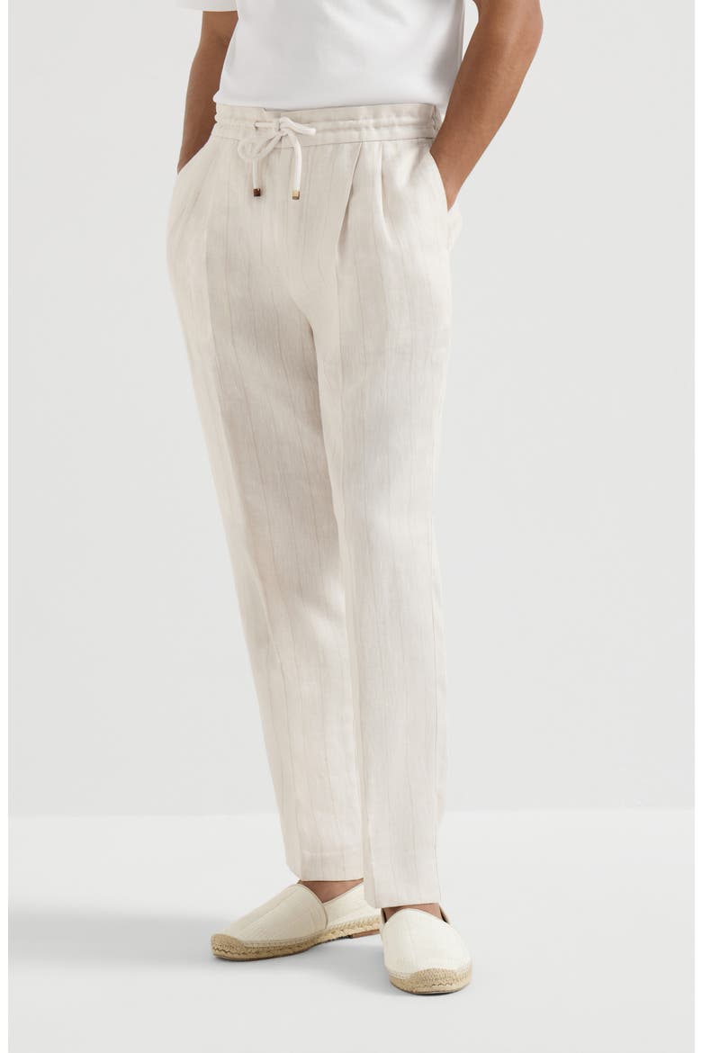 Linen chalk stripe chevron trousers with drawstring and double pleats, Main, color, Shell
