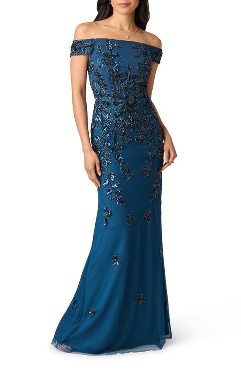 Beaded Off the Shoulder Crepe Mermaid Gown