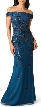 Adrianna Papell Beaded Off the Shoulder Crepe Mermaid Gown