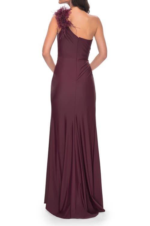 La Femme One Shoulder Jersey Gown With Feather Detail In Dark Wine