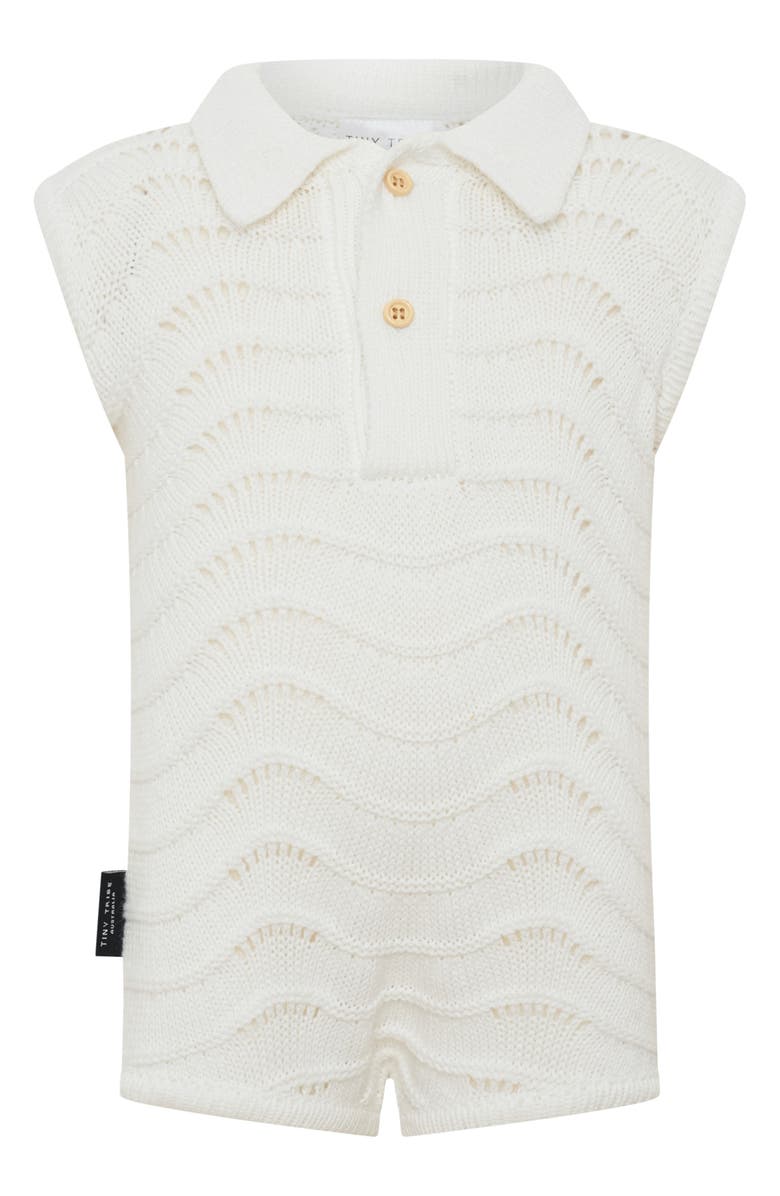 TINY TRIBE Open Stitch Cotton Polo Sweater Romper, Main, color, White