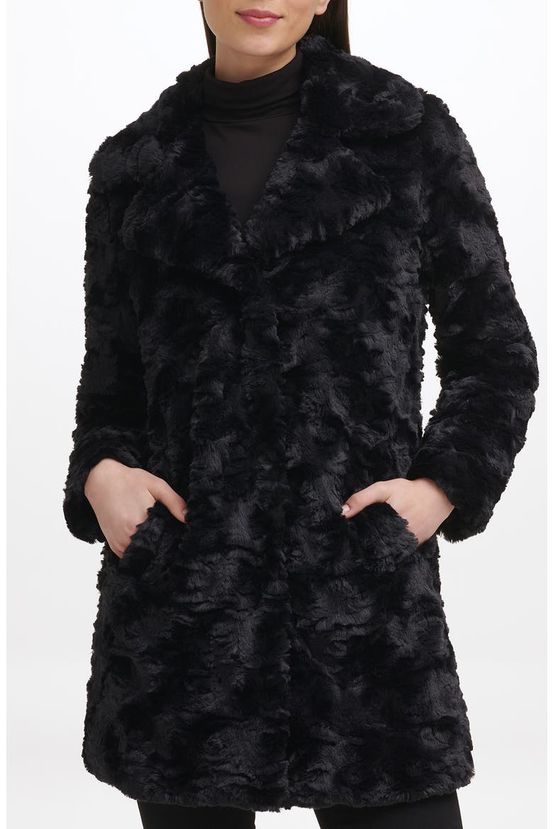 Notch Collar Faux Fur Coat, Main, color, BLACK