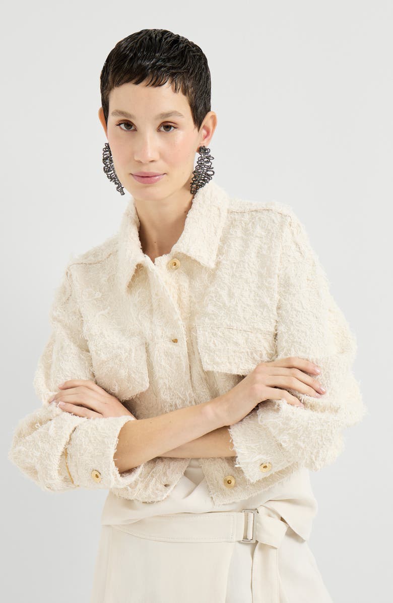 Brunello Cucinelli Fuzzy denim outerwear jacket, Alternate, color, Ivory