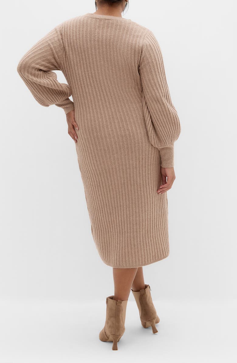 City Chic Sarah Long Sleeve Rib Sweater Midi Dress, Alternate, color, Mushroom Melange