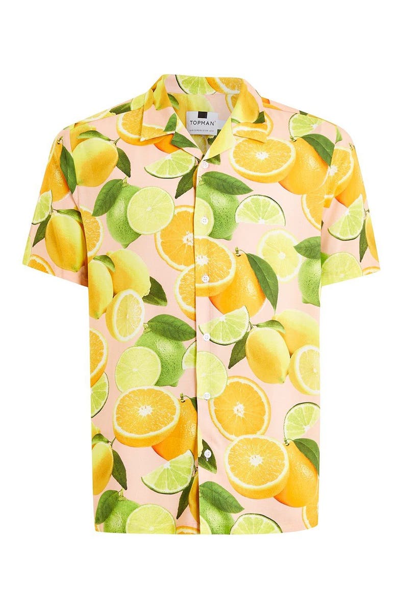Topman Lemon Print Camp Shirt, Alternate, color,