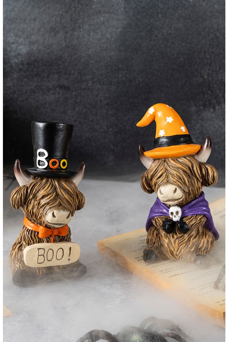 Set of 2 Halloween Resin Skull or Highland Cow Table Decor, Alternate, color, Brown