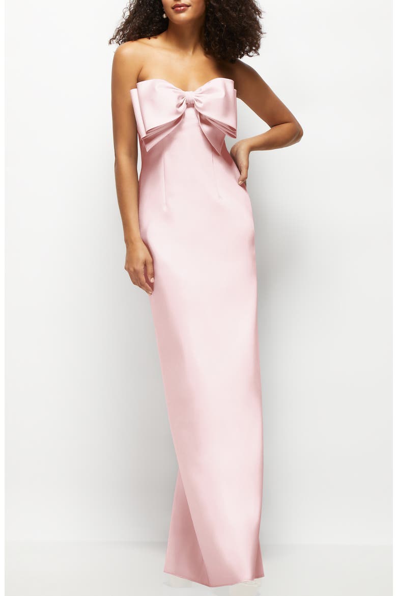 Bow Detail Strapless Satin Twill Column Gown, Main, color, BALLET PINK