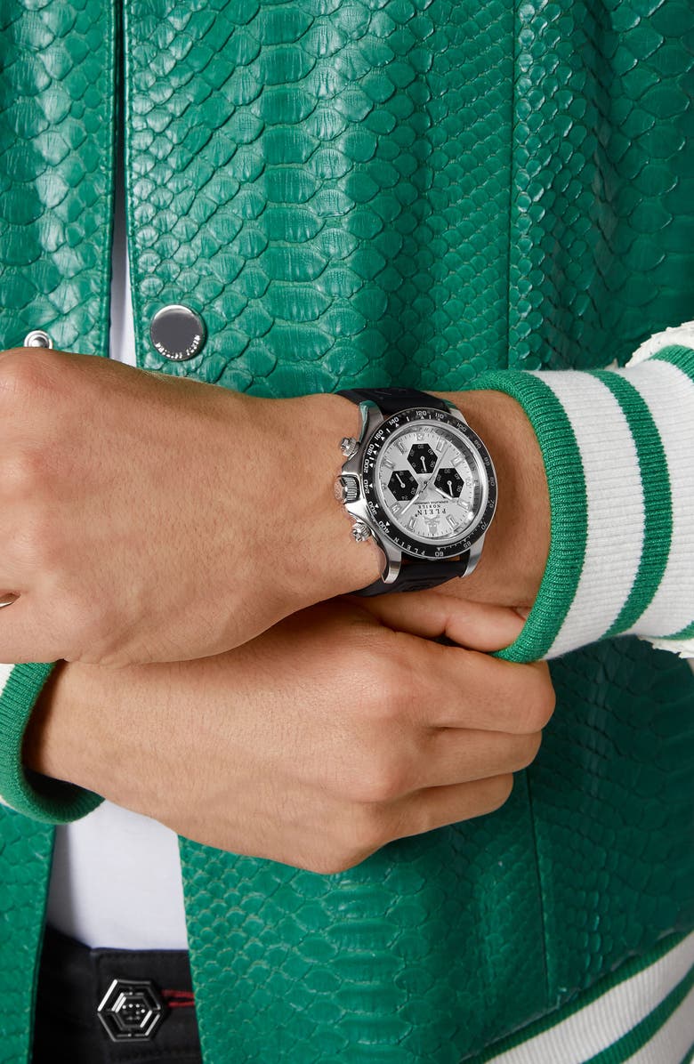 PHILIPP PLEIN Nobile Racing Silicone Strap Chronograph Watch, 43mm, Alternate, color, Stainless Steel