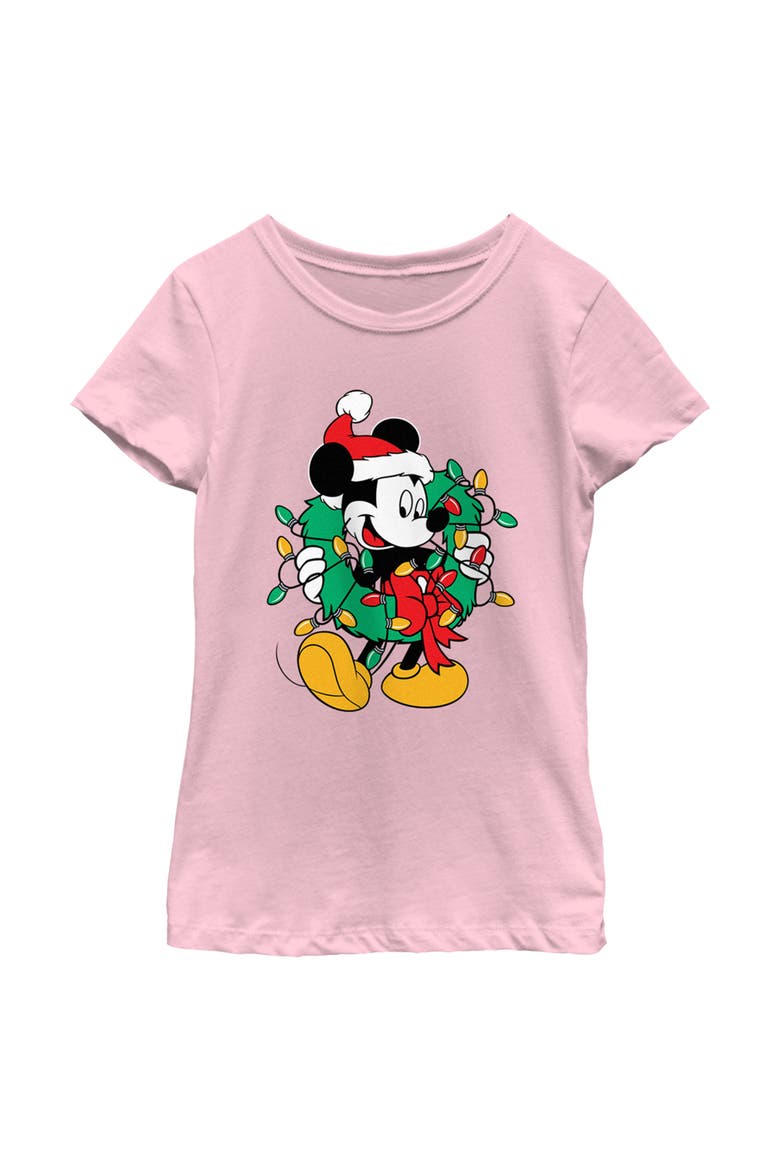 Girls' Christmas Wreath Mickey Mouse Graphic Tee, Main, color, Light Pink