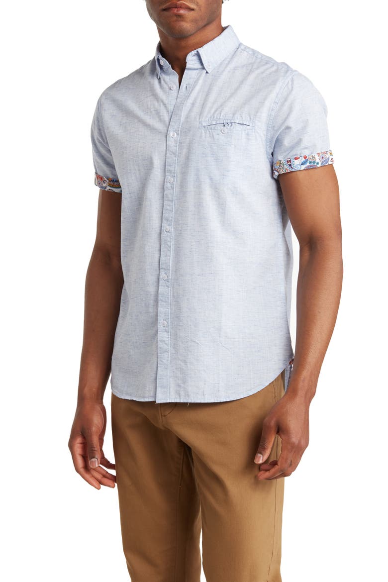 Solid Short Sleeve Button-Down Shirt, Main, color, LIGHT BLUE