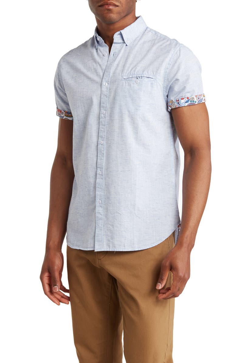 DENIM AND FLOWER Solid Short Sleeve Button-Down Shirt, Main, color, 