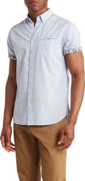 DENIM AND FLOWER Solid Short Sleeve Button-Down Shirt