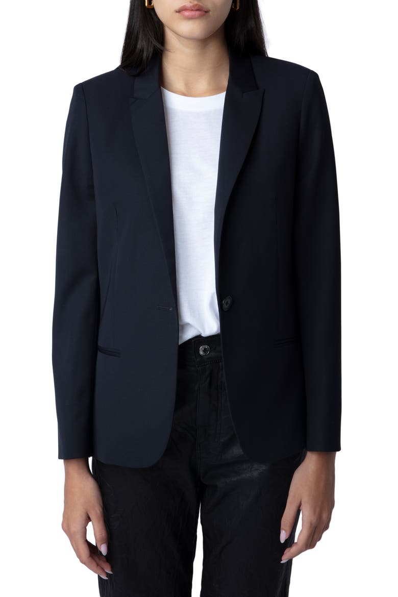 Vedy Love Strass Virgin Wool Blazer, Main, color, NAVY