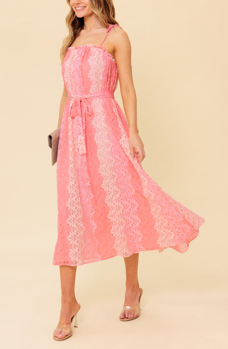 FLYING TOMATO Tie Waist Lace Midi Dress, Alternate, color, Peach