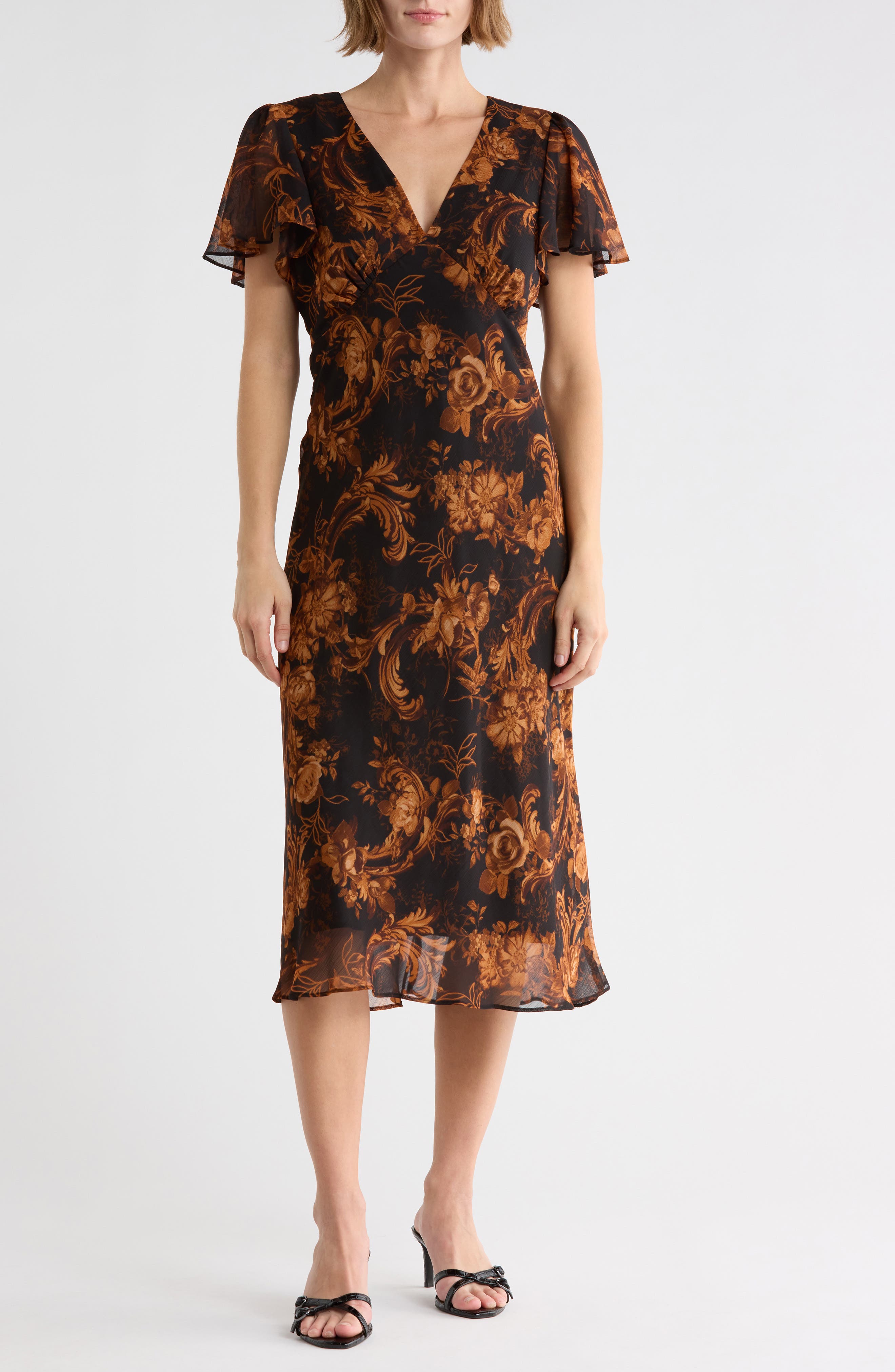 Floral Flutter Sleeve Chiffon Dress