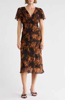 Floral Flutter Sleeve Chiffon Dress