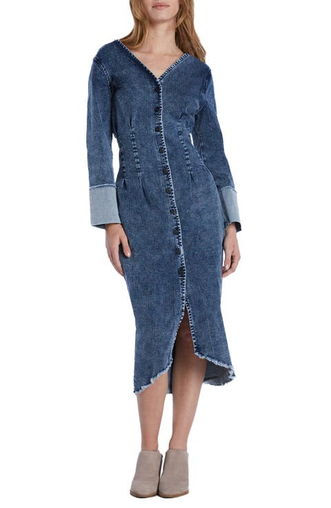 Corset Long Sleeve Denim Midi Dress