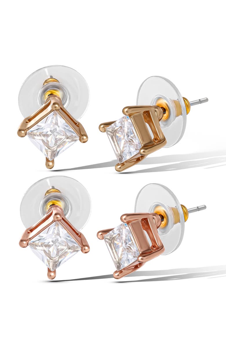 Jessica Simpson Square-Cut Crystal Stud Earrings Set, Alternate, color, Pink Gold Tone