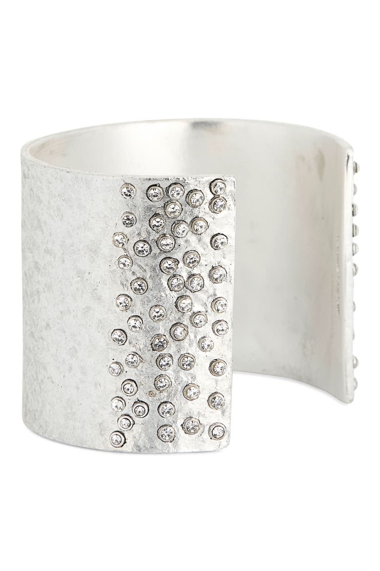 Crystal Hammered Open Cuff Bracelet, Alternate, color, SILVER