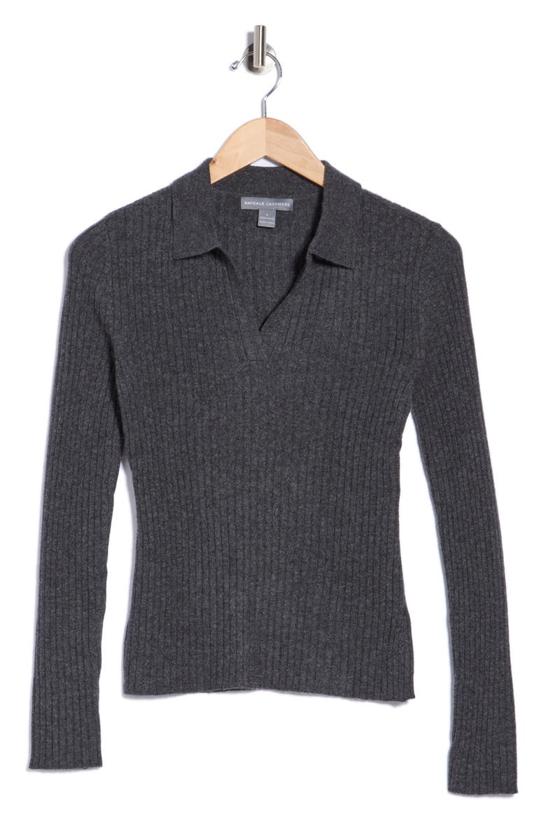 Rib Cashmere Polo Sweater, Alternate, color, SLATE HEATHER