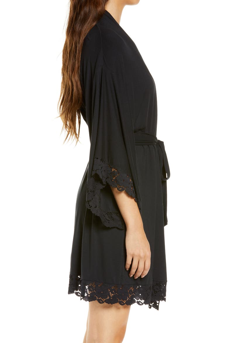Naya Lace Trim Jersey Knit Robe, Alternate, color, BLACK