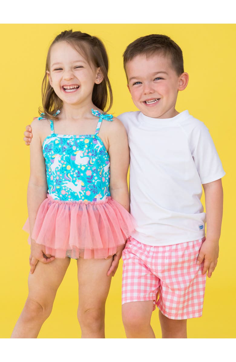 RuffleButts Baby Girls UPF50+ Tulle Skirted One Piece, Alternate, color, Bright Aqua Unicorn Meadow