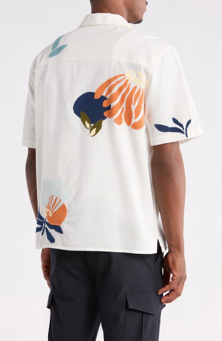 Wax London Didcot Embroidered Cotton & Linen Camp Shirt, Alternate, color, Ecru / Multi