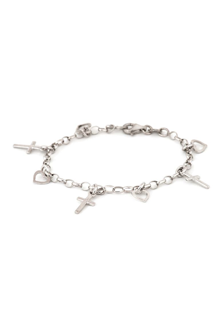 Cross & Heart Sterling Silver Charm Bracelet, Main, color, NONE