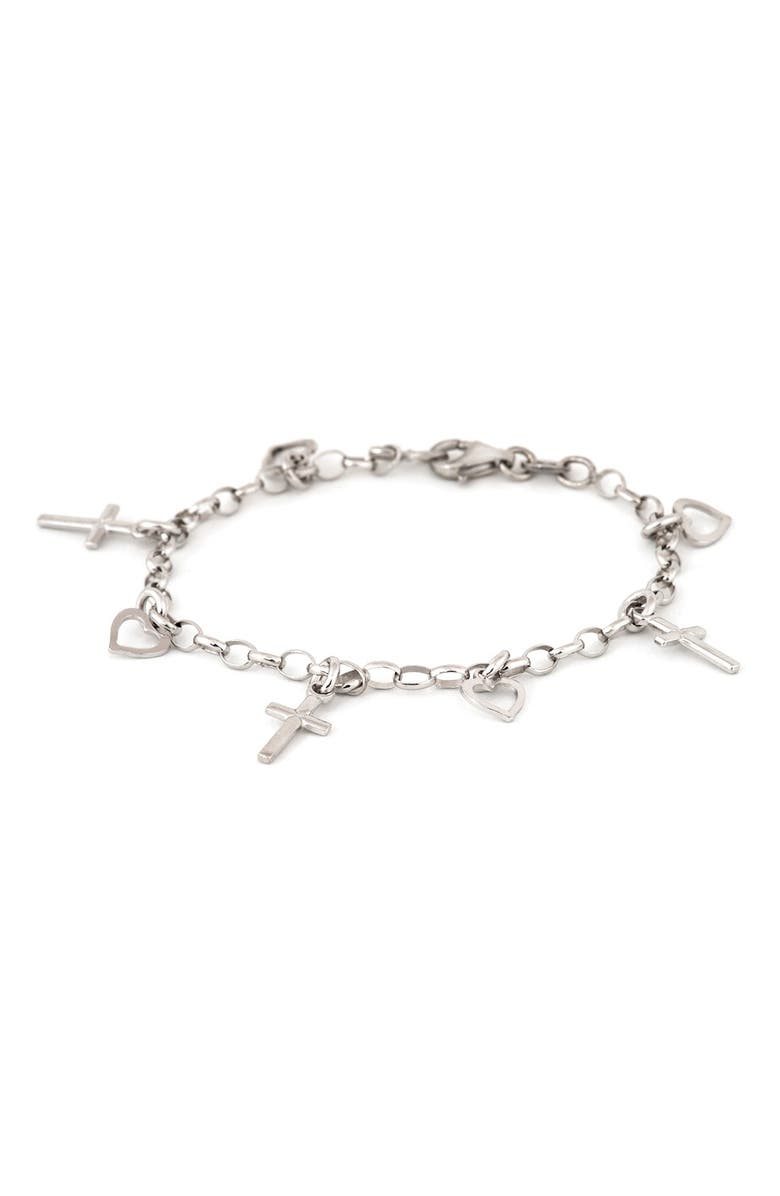 Speidel Cross & Heart Sterling Silver Charm Bracelet, Main, color,