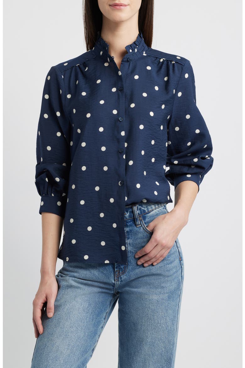 Ruffle Button-Up Shirt, Main, color, NAVY- IVORY DISORDERLY DOT