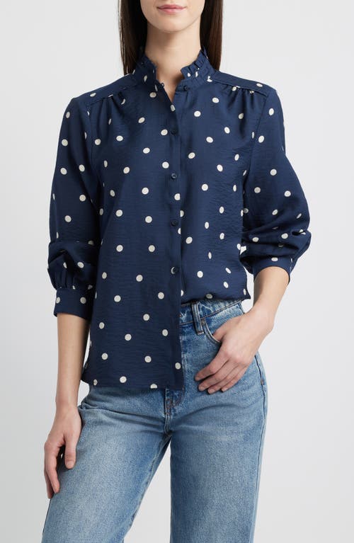 Caslonr Caslon(r) Ruffle Button-up Shirt In Navy- Ivory Disorderly Dot