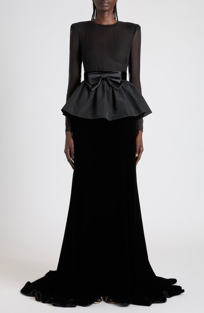 Valentino Bow Detail Long Sleeve Chiffon, Faille & Sablé Velvet Gown, Main, color, Black