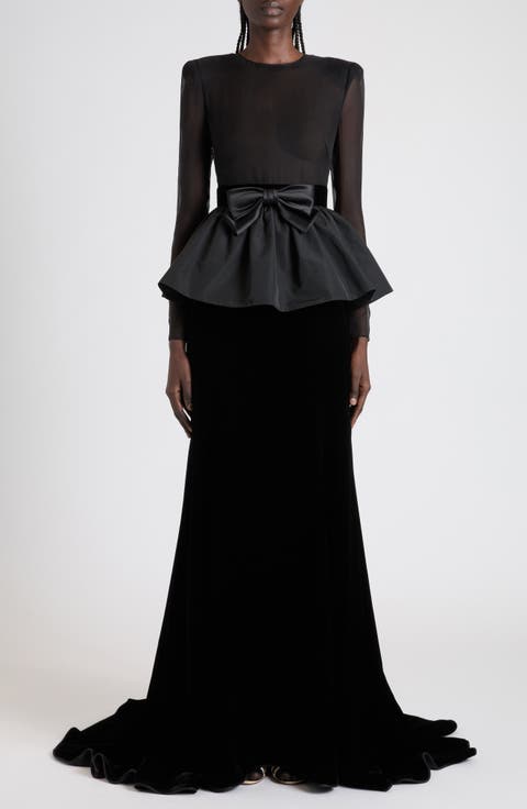 Bow Detail Long Sleeve Chiffon, Faille & Sablé Velvet Gown