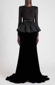 Valentino Bow Detail Long Sleeve Chiffon, Faille & Sablé Velvet Gown